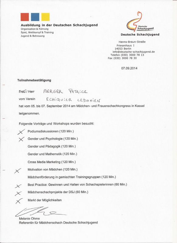 Congrès Echecs Féminins Kassel Allemagne. Du 5 au 7 septembre 2014 à Kassel. - Echiquier ledonien 12_attestation_participation.jpg (large)